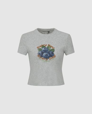  URBAN REVIVO - Áo croptop nữ cổ tròn tay ngắn in họa tiết 