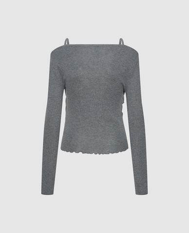  URBAN REVIVO - Áo dệt kim nữ trễ vai tay dài xếp nhún 