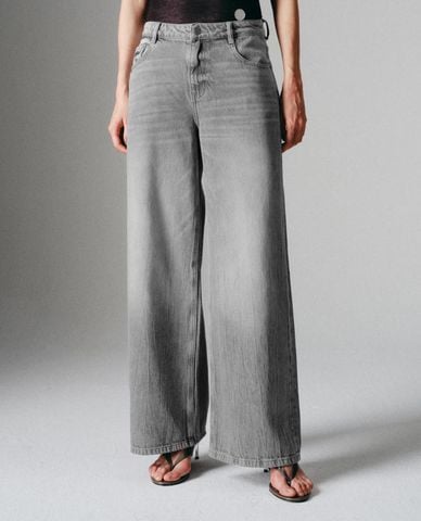  URBAN REVIVO - Quần jeans nữ ống rộng wash bạc 