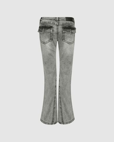  URBAN REVIVO - Quần jeans nữ ống loe wash bạc 