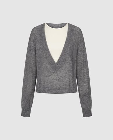  URBAN REVIVO - Áo dệt kim nữ cổ V tay dài phối layer 