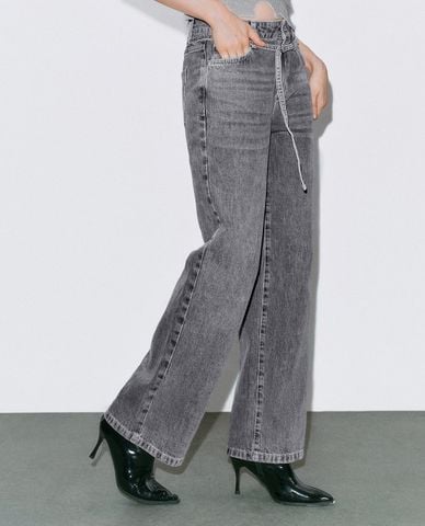  URBAN REVIVO - Quần jeans nữ ống rộng phối dây rút 