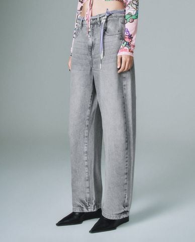  URBAN REVIVO - Quần jeans nữ ống đứng lưng thun phối dây rút 