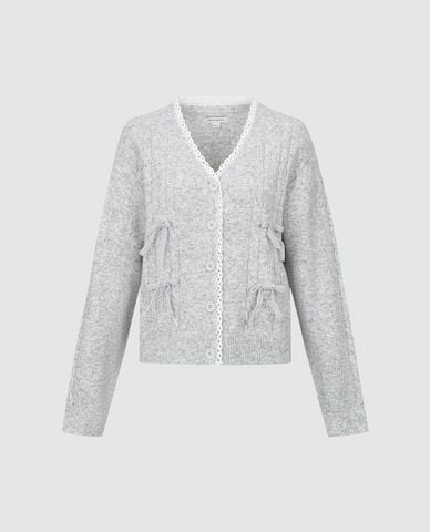  URBAN REVIVO - Áo khoác cardigan nữ viền ren phối nơ 