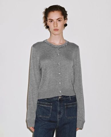 URBAN REVIVO - Áo khoác cardigan nữ tay dài đính đá 