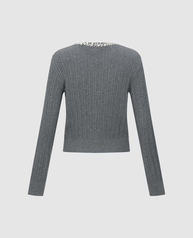  URBAN REVIVO - Áo dệt kim nữ cổ tròn tay dài phối ngọc trai 