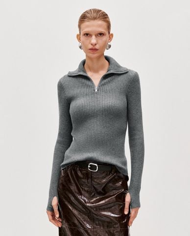  URBAN REVIVO - Áo dệt kim nữ cổ bẻ phối khóa kéo 