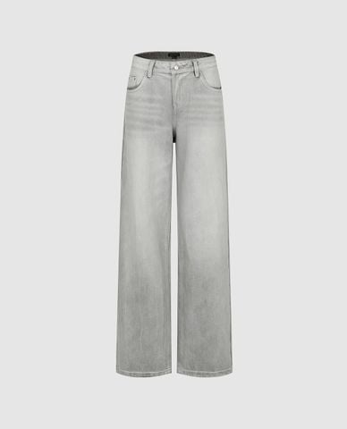  URBAN REVIVO - Quần jeans nữ ống rộng wash bạc 