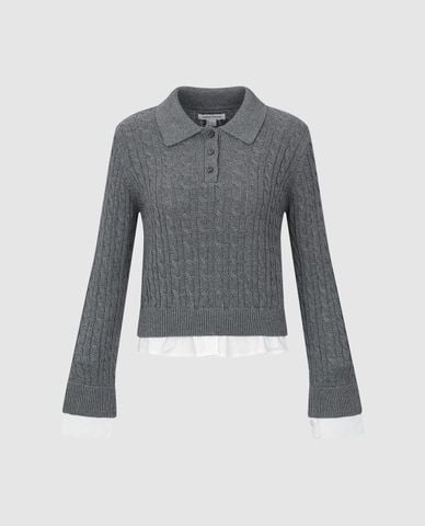  URBAN REVIVO - Áo dệt kim nữ cổ bẻ tay dài phối nút 