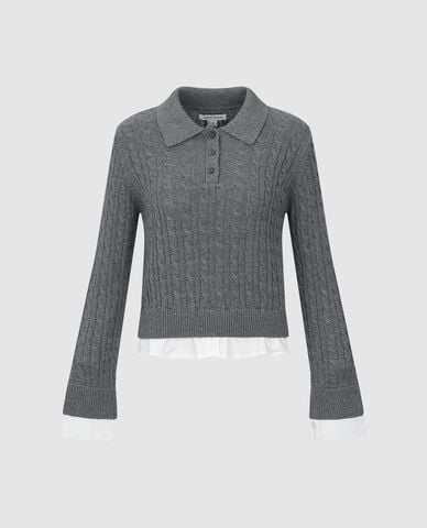  URBAN REVIVO - Áo dệt kim nữ cổ bẻ tay dài phối nút 