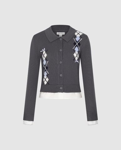  URBAN REVIVO - Áo dệt kim nữ cổ bẻ họa tiết caro 