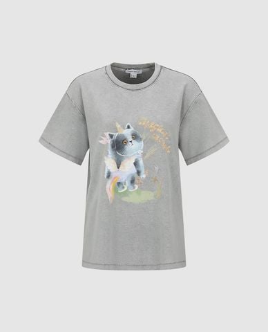  URBAN REVIVO - Áo thun nữ cổ tròn tay ngắn in họa tiết 