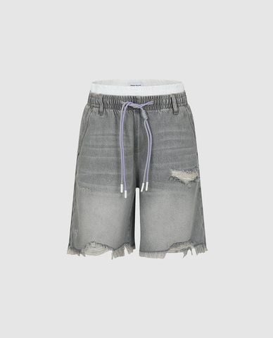  URBAN REVIVO - Quần short jeans nữ lưng thun phối dây rút 