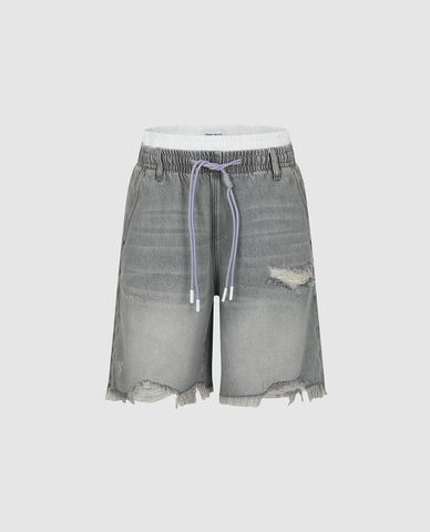  URBAN REVIVO - Quần short jeans nữ lưng thun phối dây rút 