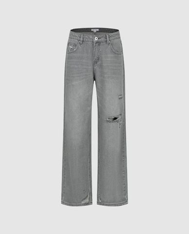  URBAN REVIVO - Quần jeans nữ ống rộng wash bạc rách gối 
