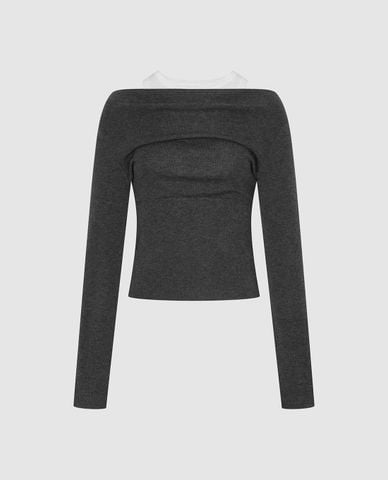  URBAN REVIVO - Áo dệt kim nữ cổ thuyền tay dài phối layer 