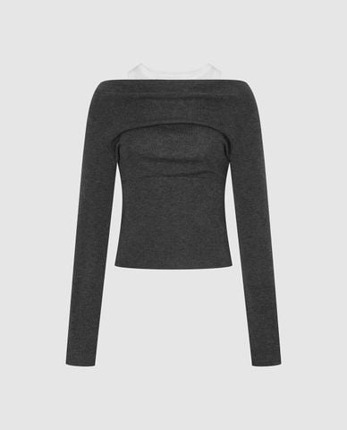  URBAN REVIVO - Áo dệt kim nữ cổ thuyền tay dài phối layer 