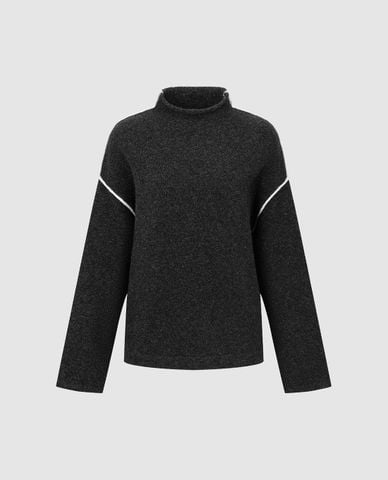  URBAN REVIVO - Áo dệt kim nữ cổ lọ tay dài phối viền 