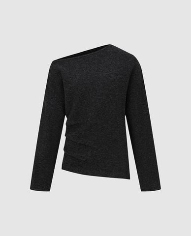  URBAN REVIVO - Áo kiểu nữ tay dài lệch vai nhún eo 