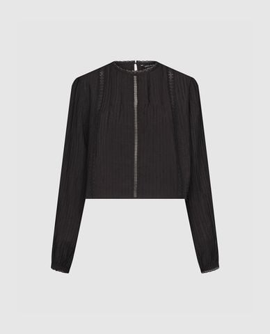  URBAN REVIVO - Áo kiểu nữ cổ tròn tay dài phối ren 