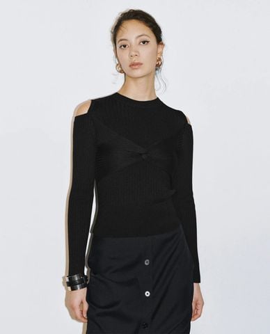  URBAN REVIVO - Áo dệt kim nữ cổ tròn tay dài hở vai 