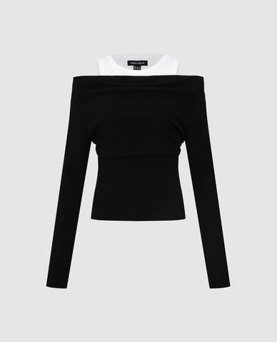  URBAN REVIVO - Áo dệt kim nữ trễ vai tay dài phối layer 