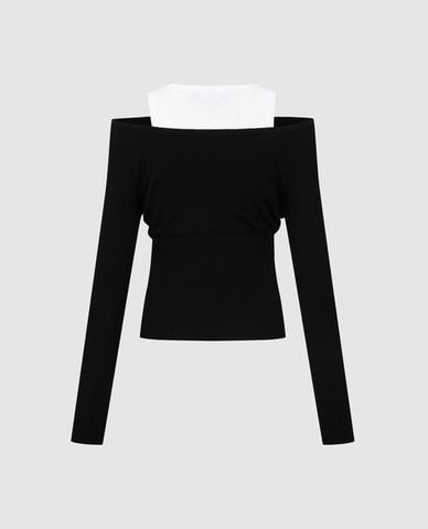  URBAN REVIVO - Áo dệt kim nữ trễ vai tay dài phối layer 