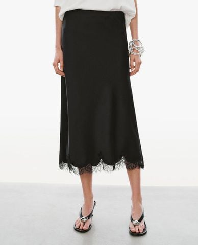  URBAN REVIVO - Chân váy phom suông midi phối viền ren 