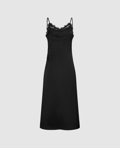  URBAN REVIVO - Đầm hai dây midi xếp nếp viền ren 