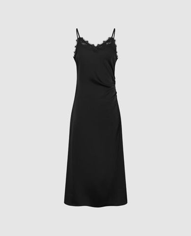  URBAN REVIVO - Đầm hai dây midi xếp nếp viền ren 