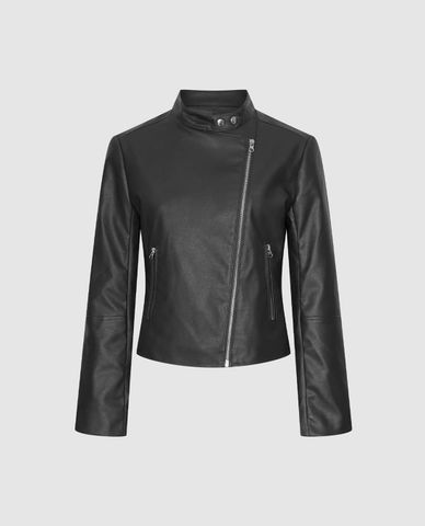  URBAN REVIVO - Áo khoác da nữ cổ cao phối khóa zip 