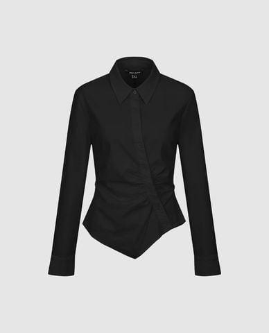 URBAN REVIVO - Áo sơ mi nữ cổ bẻ tay dài vạt bất đối xứng 