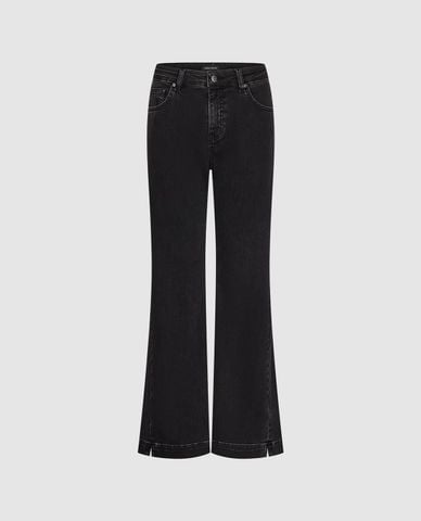  URBAN REVIVO - Quần jeans nữ ống loe xẻ gấu lưng cao 