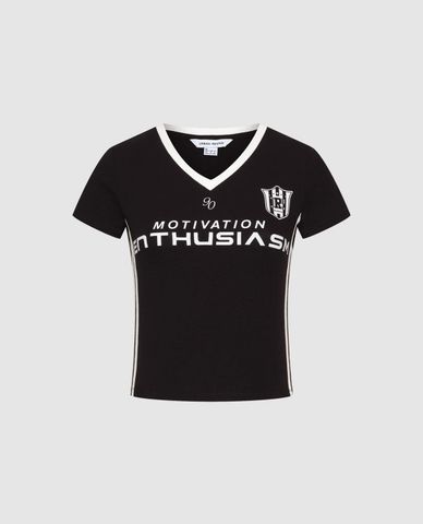  URBAN REVIVO - Áo thun nữ cổ V tay ngắn phối viền 