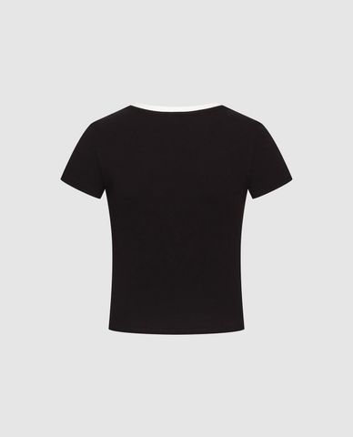  URBAN REVIVO - Áo thun nữ cổ V tay ngắn phối viền 