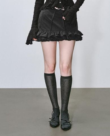  URBAN REVIVO - Chân váy chữ A mini phối bèo thắt nơ 