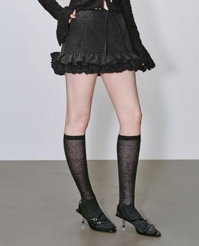  URBAN REVIVO - Chân váy chữ A mini phối bèo thắt nơ 