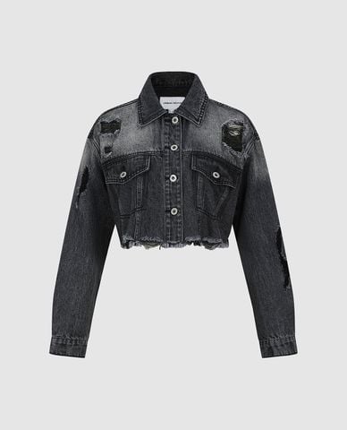  URBAN REVIVO - Áo khoác denim nữ wash bạc phom croptop 