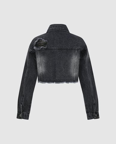 URBAN REVIVO - Áo khoác denim nữ wash bạc phom croptop 