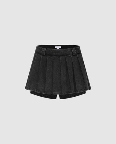  URBAN REVIVO - Quần short jeans nữ giả váy wash bạc 