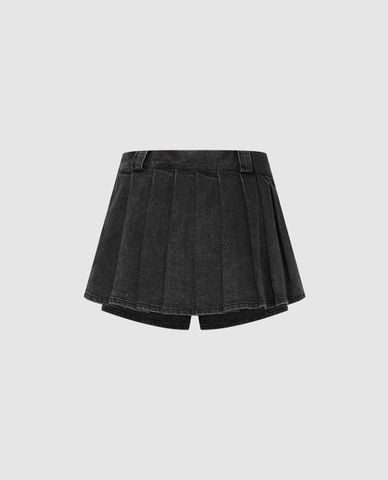  URBAN REVIVO - Quần short jeans nữ giả váy wash bạc 
