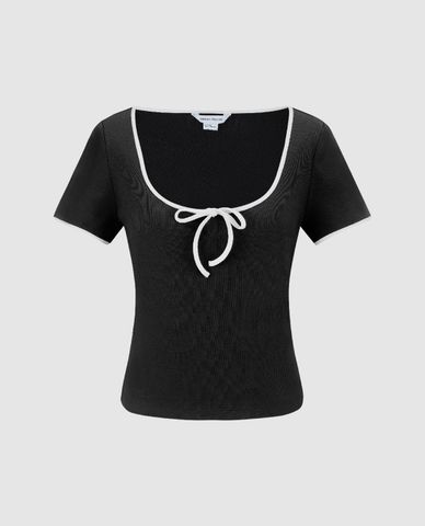  URBAN REVIVO - Áo croptop nữ cổ chữ U tay ngắn phối nơ Bow Décor 