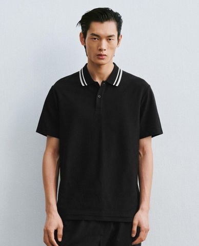 URBAN REVIVO - Áo polo nam cổ bẻ tay ngắn viền sọc 