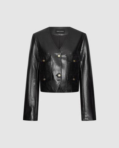  URBAN REVIVO - Áo khoác da nữ cổ V phối túi thanh lịch 