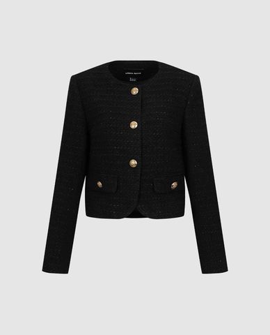  URBAN REVIVO - Áo khoác tweed nữ cổ tròn tay dài phối nút 