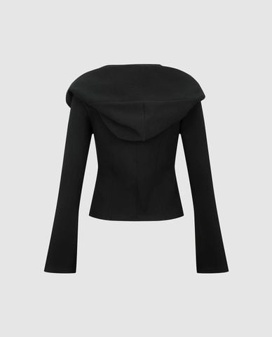  URBAN REVIVO - Áo khoác nữ phối mũ khóa zip chéo 