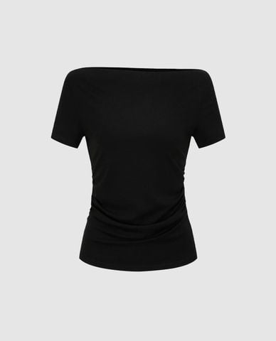  URBAN REVIVO - Áo kiểu nữ cổ thuyền tay ngắn xếp nếp 