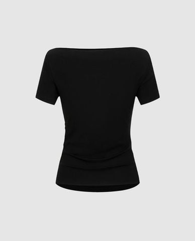  URBAN REVIVO - Áo kiểu nữ cổ thuyền tay ngắn xếp nếp 