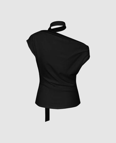  URBAN REVIVO - Áo kiểu nữ lệch vai xếp nếp phối khăn cổ 