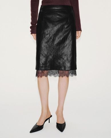  URBAN REVIVO - Chân váy phom suông midi phối ren 